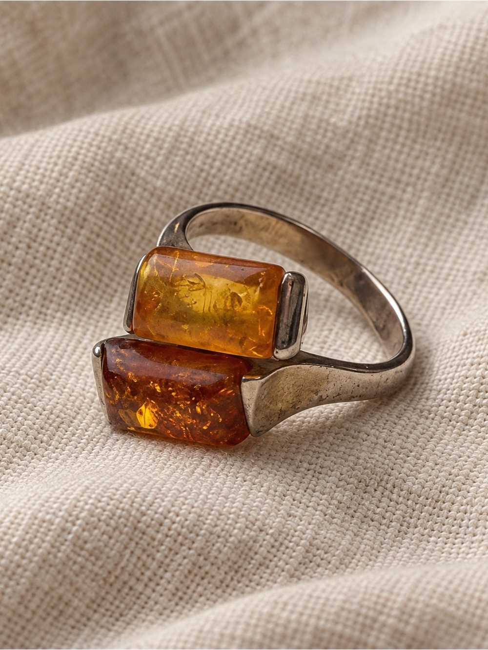 Vintage Sterling Silver Double Amber Bypass Ring